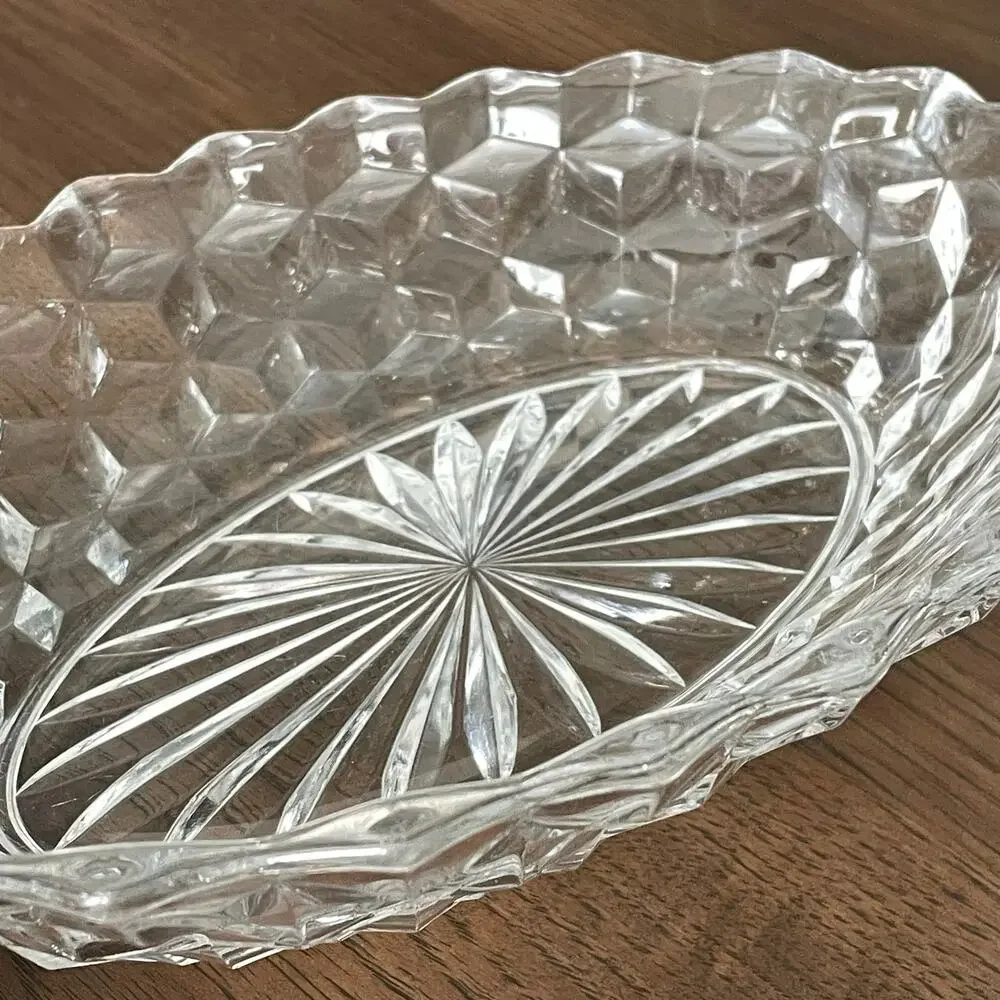 Fostoria American Clear Glass Oval Dish Bowl Serving Cubist Starburst Diamond